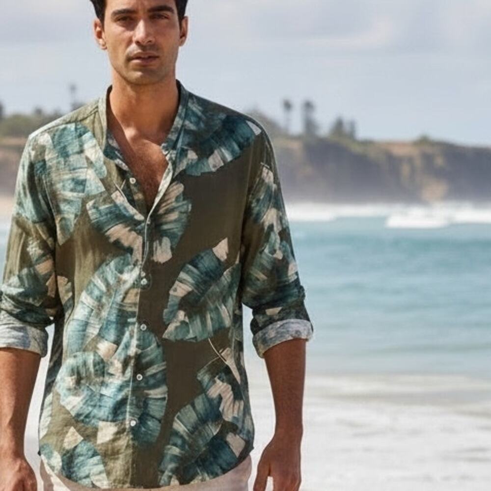 Zara Palm Leaf Shirt Mens XL Olive & Teal Relaxed Fit Casual Tropical Coastal
